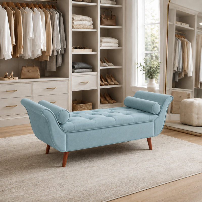 Velvet Upholstered Storage Bench, Blue