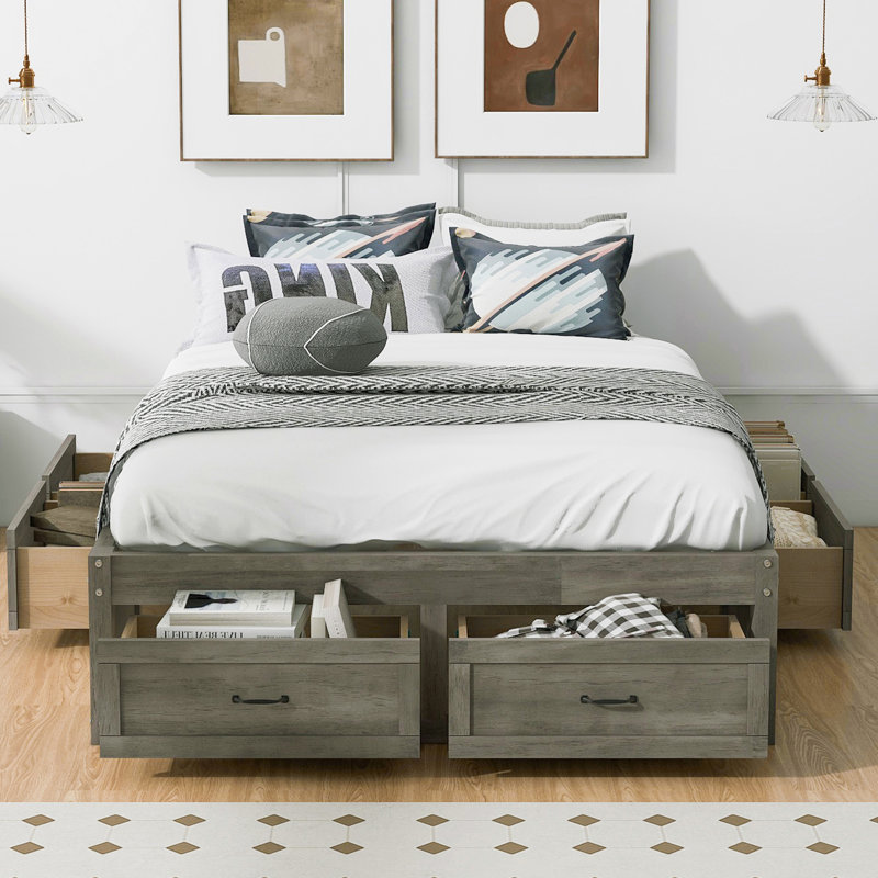 Lit plateforme avec 6 tiroirs de rangement, Gris, Double
