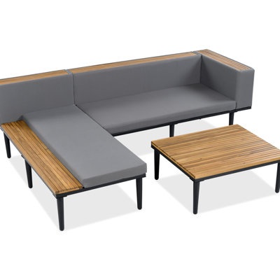 Canapé d'angle de conversation extérieur, mobilier de patio en bois en forme de L avec coussins amovibles, table basse, gris pâle - Idéal pour se détendre sur un balcon, une terrasse, un jardin ou un porche - Assise confortable