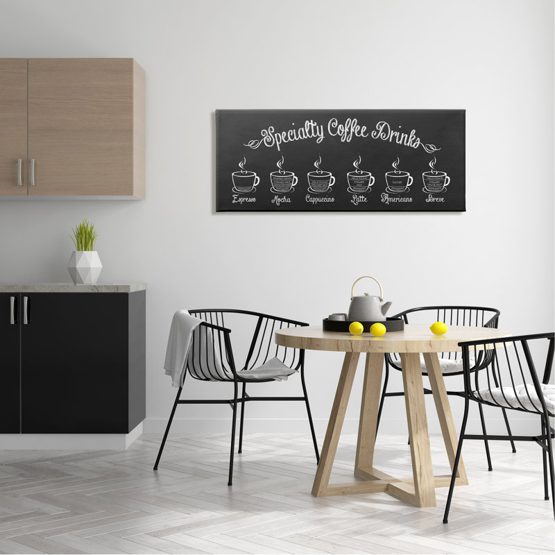 «Specialty Coffee Drinks Cafe Cups», signe informatif par lettré et doublé - impression sur toile sans cadre
