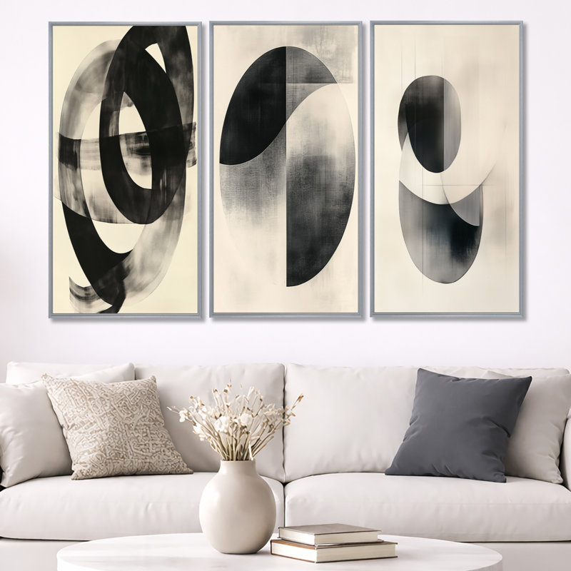 Géométrie noire et blanche «Minimal Curves II», ensemble de 3 toiles abstraites encadrées, H 40 po x l 60 po