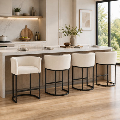 Bar Stools, 26" Height Counter Stools with Arms & Footrest, Chenille Upholstered Barrel Back Bar Chairs for Home Bar, Kitchen Island, Dining Room & Lounge Area,Beige