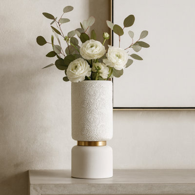 Elegant Flower Embossed White Ceramic Vase – 12" Nature-Inspired Cylinder Decorative Accent for Modern Entryway, Living Room, or Dining Table
