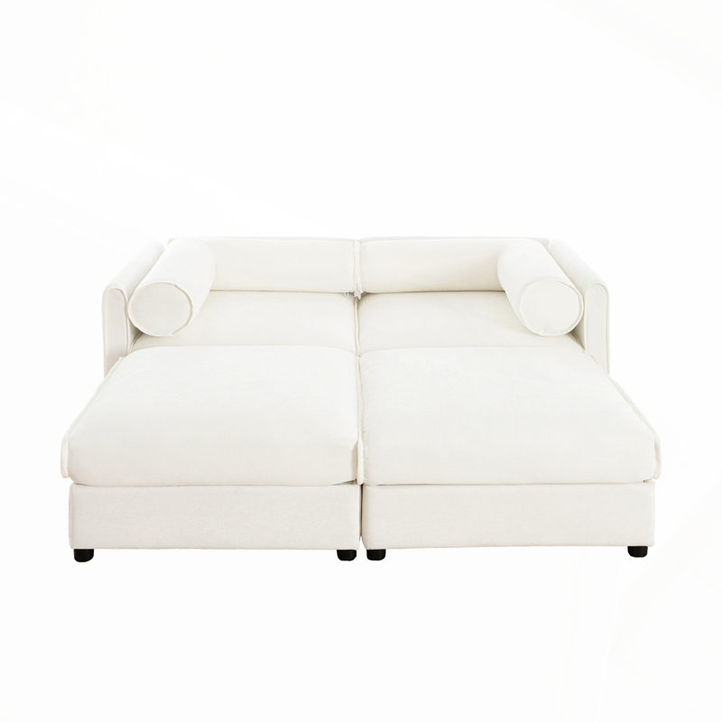 Élégant canapé 2 places en chenille blanche avec rangement pour 2 repose-pieds, dossier cylindrique et accoudoirs, causeuse moderne en tissu avec rangement dissimulé