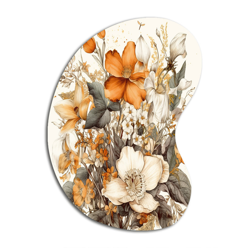 Traduction libre: Bouquet de fleurs crème et orange II - Décoration murale irrégulière, H 31 po x l 22 po