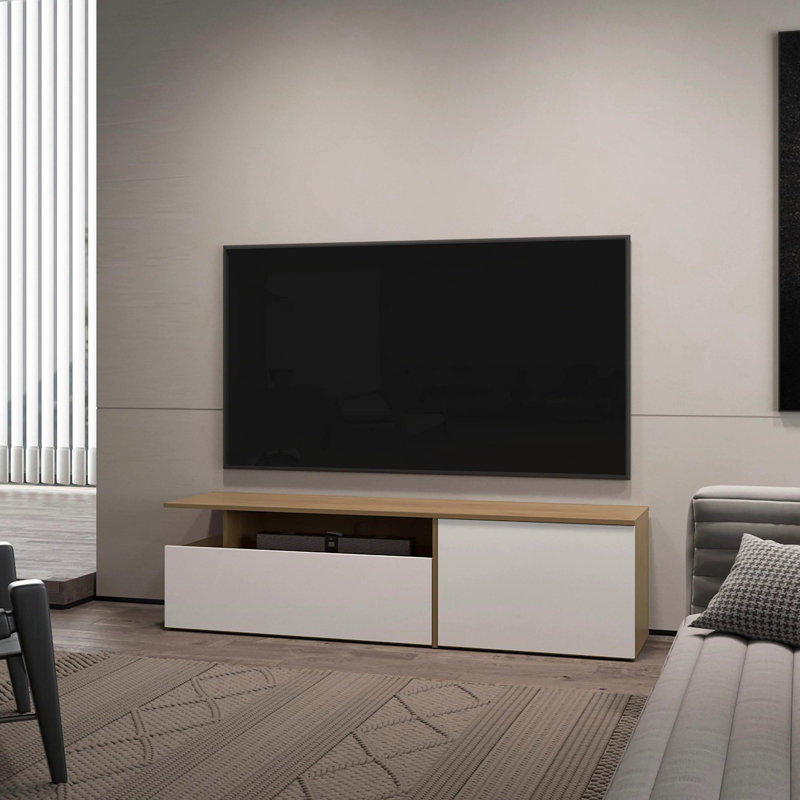 Meuble télé avec porte rabattable et tablette ouverte