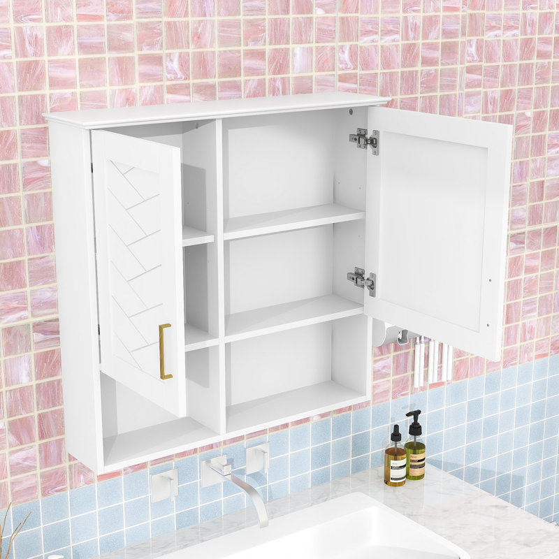 Armoire à pharmacie murale avec miroir, tablettes et portes, Blanc