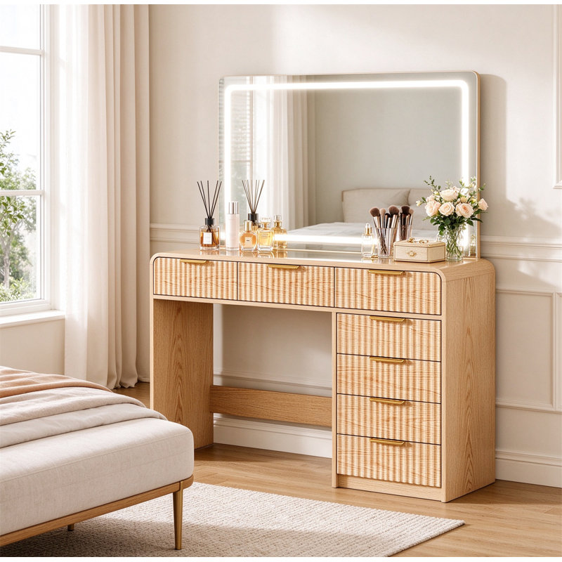 Dressing table with mirror and light -7 drawers and storage rack, built-in power socket, 3 colour modes and adjustable brightness, bedroom makeup dressing table