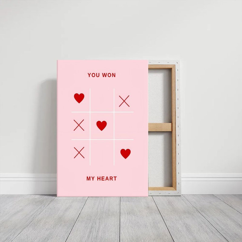 Art mural sur toile encadré en 2 dimensions en 2 dimensions, thème de l'amour, cœur et jeu de tic-tac-toe, impression sur toile de style minimaliste, décoration idéale pour la Saint-Valentin, prêt à accrocher