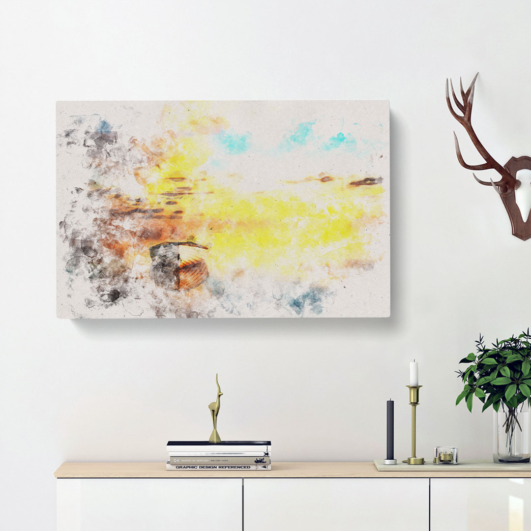 Boat Upon A Lake During Sunrise - Wrapped Canvas