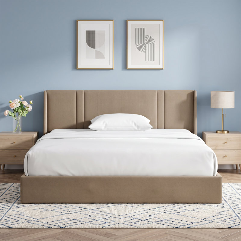 Modern Curved Wingback Velvet Upholstered Platform Bed with Gas Lift Storage, King, Brown, King, Brown