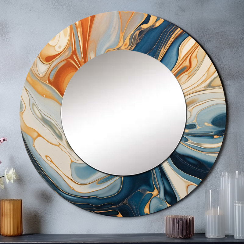 Symphonie turquoise sarcelle - miroir abstrait, miroir mural rond bleu sarcelle, impression d'art en métal, 29 po x 29 po