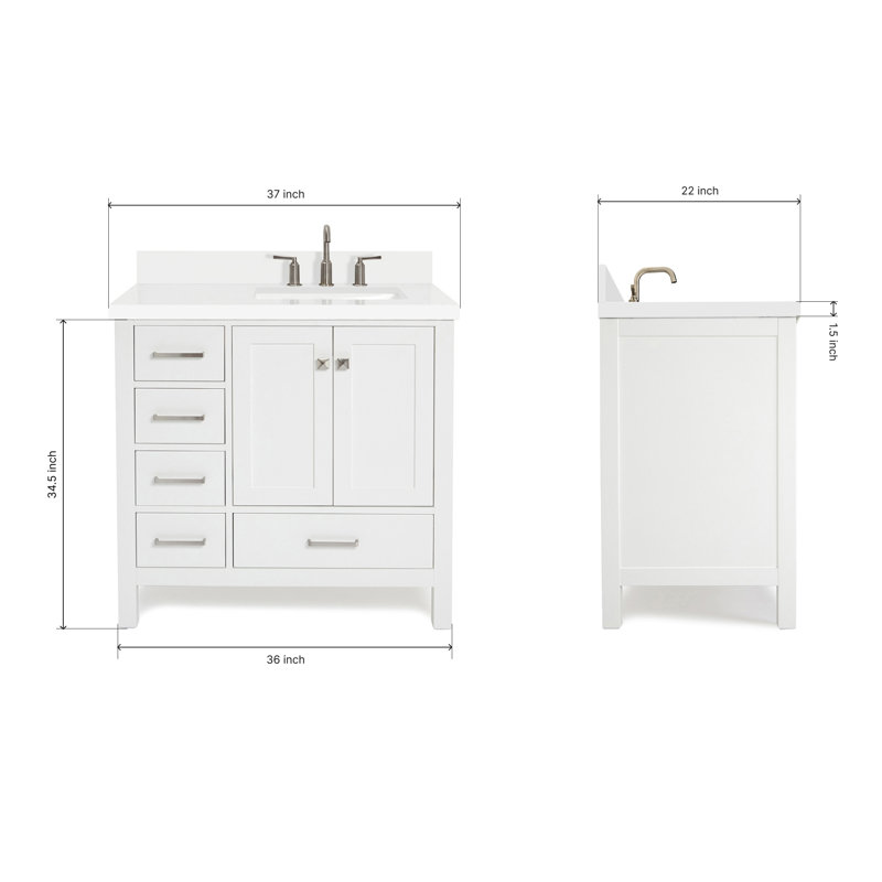Cambridge 37'' W Single Vanity, White, Pure White Quartz, Rectangular