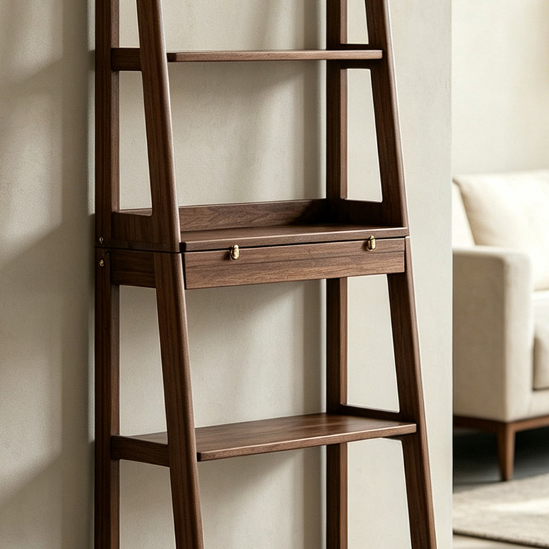 Bibliothèque de rangement trapézoïdale en bois d'hévéa, Walnut