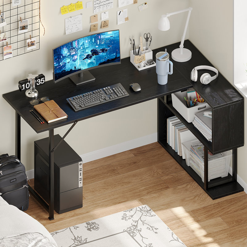Bureau d'ordinateur en L avec tablettes ouvertes et armoire de rangement - Poste de travail moderne pour adultes