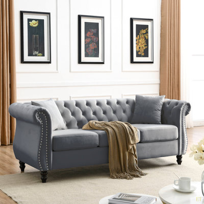 Canapé Chesterfield 80 po en velours pour salon, canapé 3 places capitonné avec accoudoirs roulés et têtes de clou pour salon, chambre à coucher, bureau, appartement, deux coussins