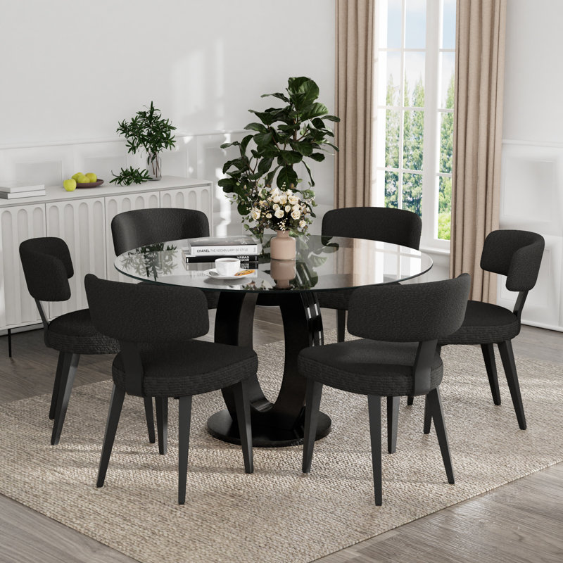 Ensemble de salle à manger à piédestal, table de salle à manger ronde 47 po et chaises Teddy, 7, Noir / Noir