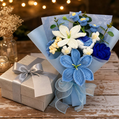 Bouquet de fleurs 11,02 po x 14,96 po mauve crocheté à la main, arrangement floral tricoté à la main pour la maison, la Saint-Valentin et le cadeau de la fête des Mères