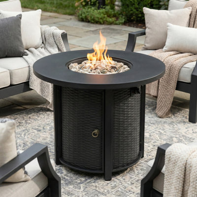 32" W 50000BTU Round Outdoor Propane Fire Pit Table with Wicker baes for Hidden Gas Tank Space and Cover lid