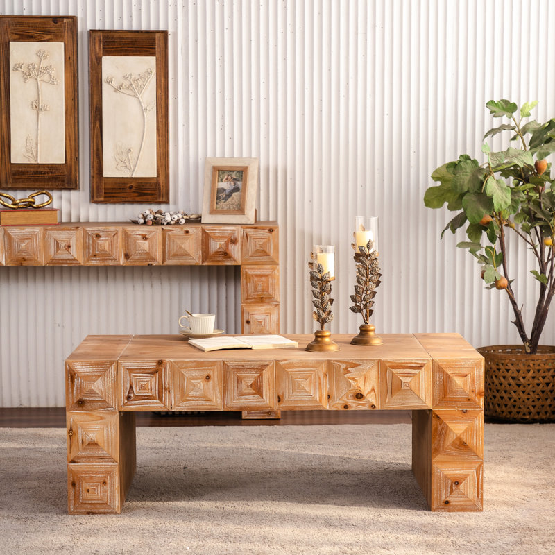 Table basse de 47,51 po en bois massif et rectangulaire avec relief géométrique 3D rustique, pour des espaces de vie décontractés, des pieds faciles à nettoyer et inspirés du relief, une installation simple