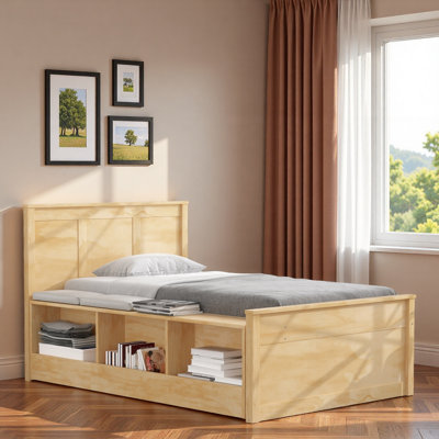 Lit plateforme en bois avec lit gigogne escamotable et compartiments de rangement latéraux