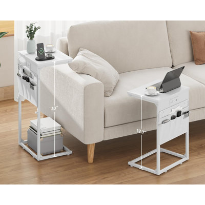 Adjustable Height C-Shaped End Table With Charging Station, Multi-Functional Side Table For Couch, Sofa, Bed, Living Room, And Bedroom, Built-In USB Port, Type C Charger, AC Outlet, And Storage Pocket