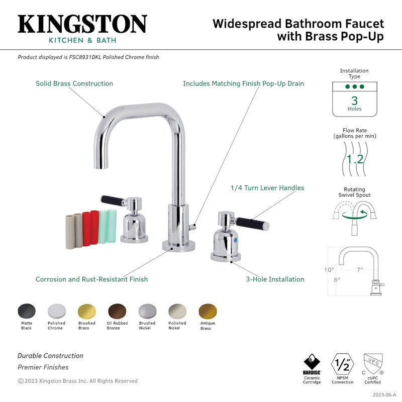 Robinet de salle de bain espacé à deux poignées et 3 poignées à fixation sur le comptoir avec bonde escamotable en laiton Kingston