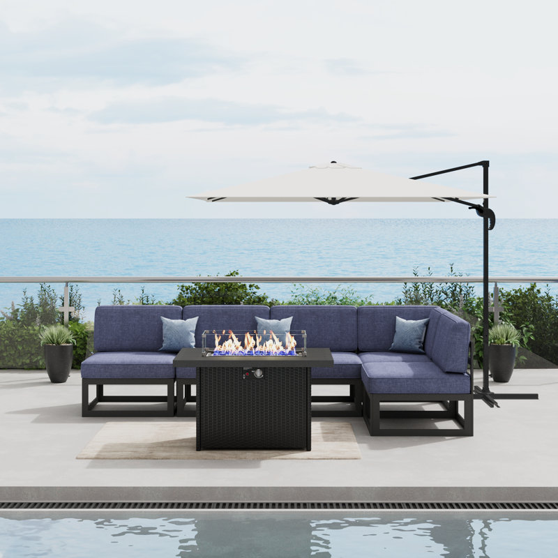  6 Pieces Modern Aluminum Patio Furniture Set With Fire Table, Outdoor Modular Sectional Conversation Set L-shaped Sofa For Backyard