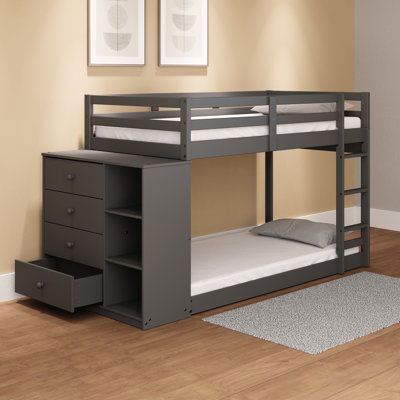 Lit superposé simple / gris avec 4 tiroirs et 3 compartiments, 3/4 tiroirs d'extension, glissières de tiroir latérales en métal, système de lattes, garde-corps fixe et facile d'accès, lit sans sommier nécessaire, finition,