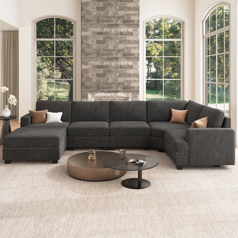 Canapé modulaire en U avec repose-pieds Anureet, Oui, Polyester gris foncé