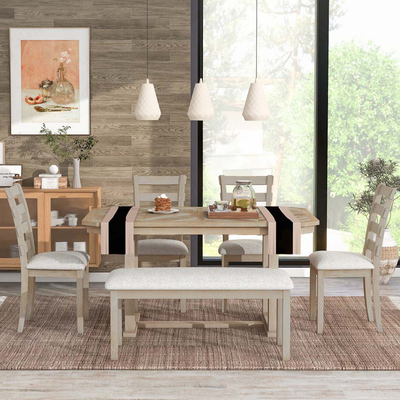 Ensemble de table de salle à manger 6 pièces avec placage en bois massif et coussin moelleux, Beige, Bois naturel délavé