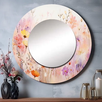 Odel rose fantaisiste fleurs sauvages I - miroir botanique, miroir mural rose unique, impression sur métal