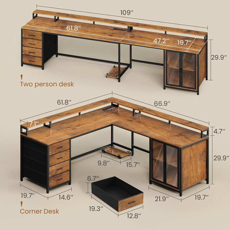 Bureau réversible avec prises encastrées Hansbury, Brun / Noir
