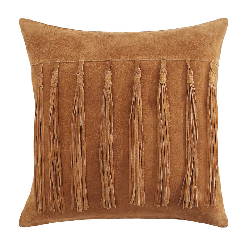 Coussin Western, Carré H 20 po x l 20 po, Brun frangé