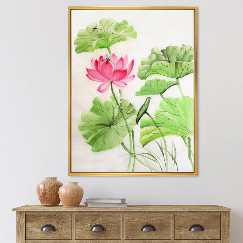 Lotus et libellule - reproduction sur toile, H 32 po x l 24 po x P 1 po, Toile encadrée d'or