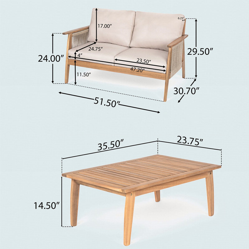 Ensemble de conversation d'extérieur 2 pièces en bois d'acacia et corde