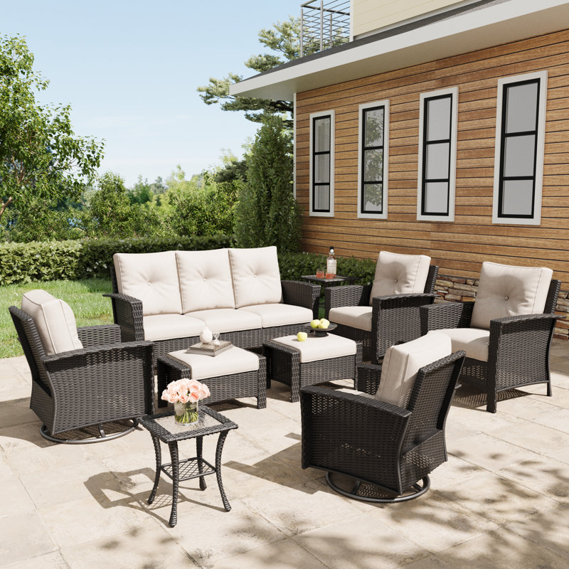 Lark Manor™ 9 Piece Wicker Patio Furniture Set, Classis Outdoor Conversation 360 Degree Swivel Chairs Set with Coffee Table