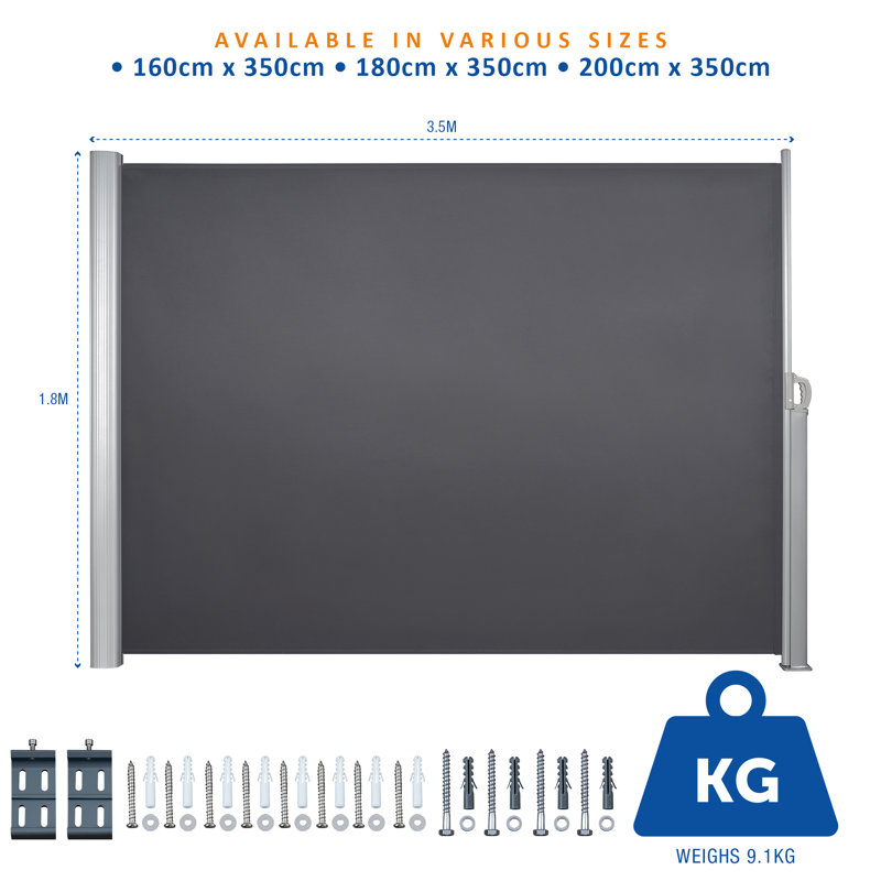 Aluminium Full Cassette Retractable Side Awning, 180cm H x 350cm W x 9cm D