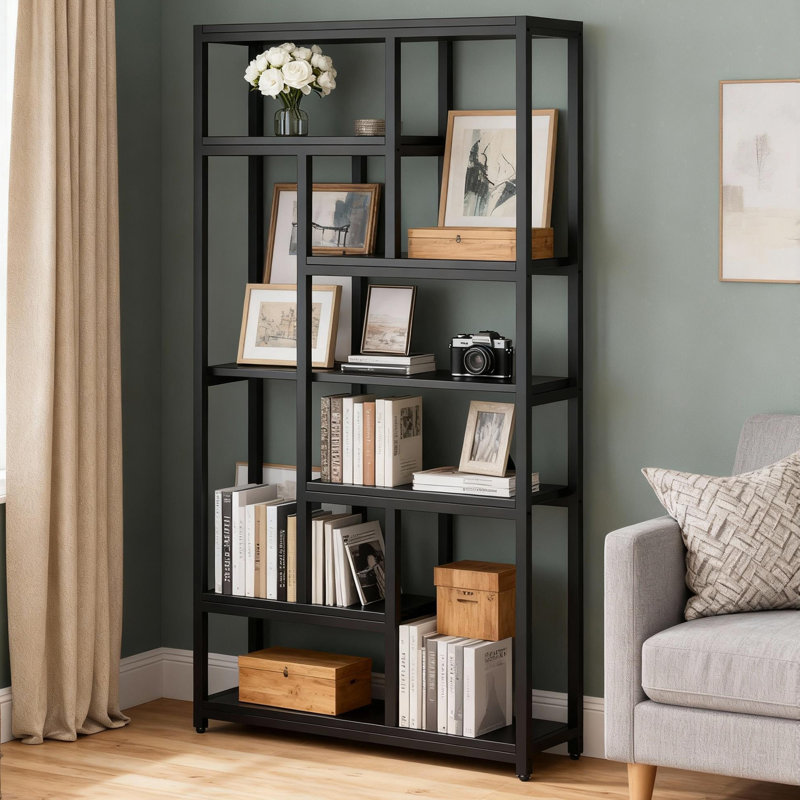79-Inch 7-Tier Black Etagere Bookcase, Industrial Open Display Shelving with 10 Storage Tiers