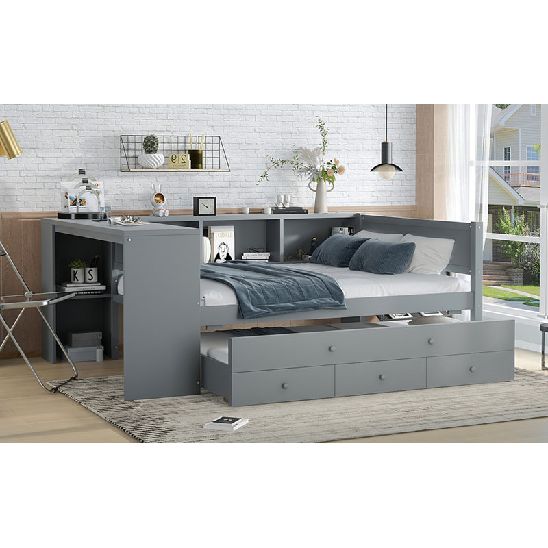 Lit de jour double avec lit gigogne, lit de jour en bois avec tiroirs de rangement et tablettes latérales, lit de jour avec bureau,