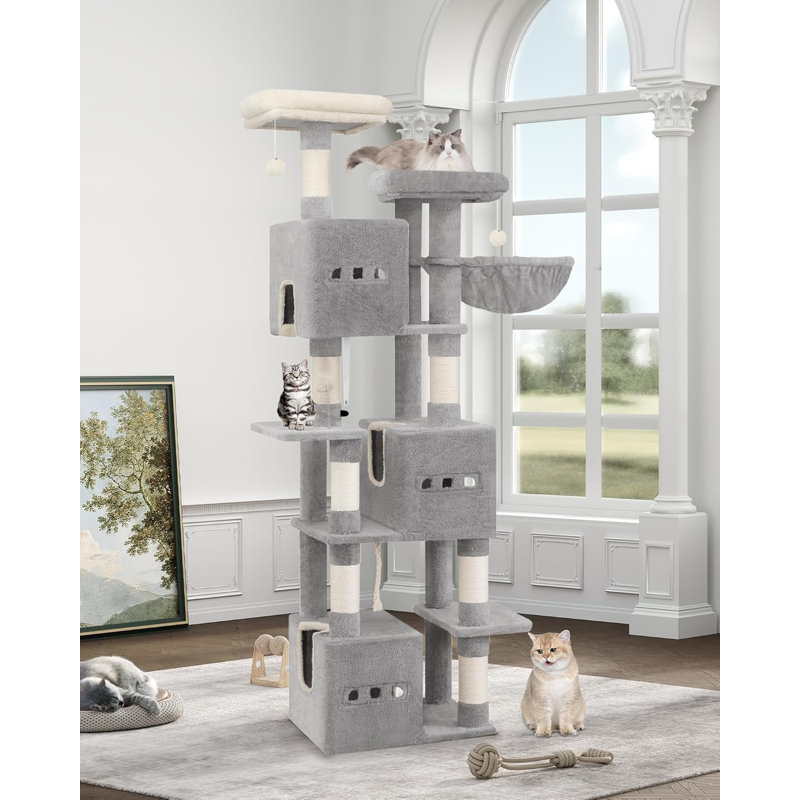193 cm Cat Tree, Large Cat Tower for Indoor Cats, Multi-Level Cats House Furniture with 2 Platforms, 3 Condos, 7 Scratching Posts, 1 Basket, 3 Caves, Pompoms