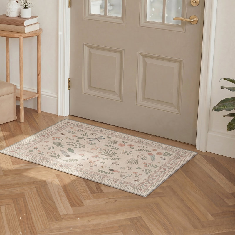 Adonis Aura Flora Boho Machine Washable Beige / Green Indoor Area Rug with Non-Slip Backing, Round 5'