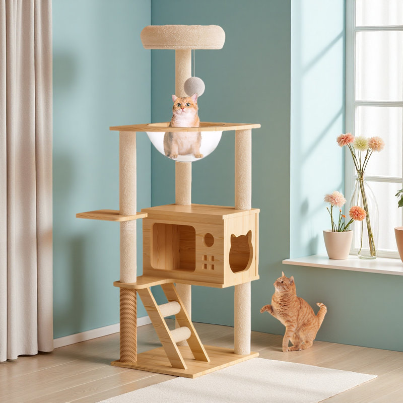 Tour à chat 48,8 po, tour à chat en bois pour chats d'intérieur, arbre à chat avec poteaux à griffes recouverts de sisal et perchoir supérieur