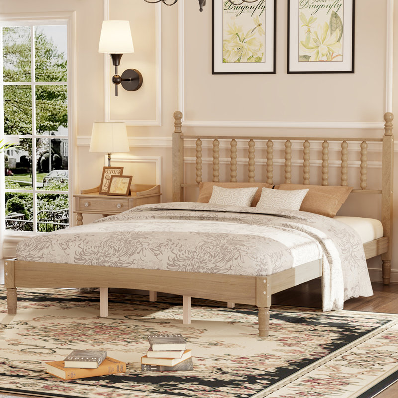 Lit plateforme en bois avec tête de lit en forme de gourde, style rétro et support en lattes de bois