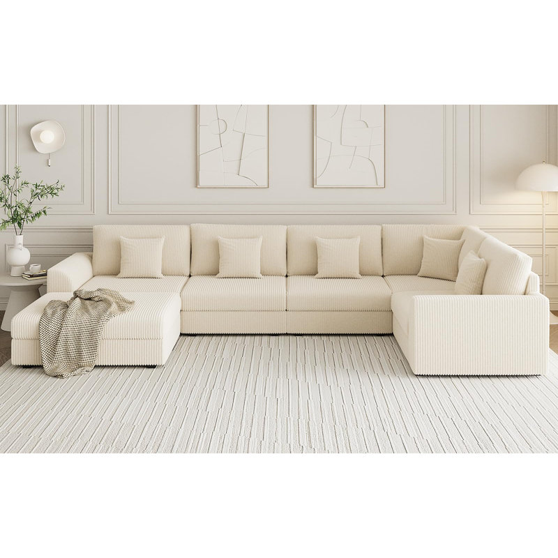 Canapé-lit modulaire en velours côtelé 6 pièces Kaneki, Blanc, 35 pi H x 146 pi L x 78 pi P