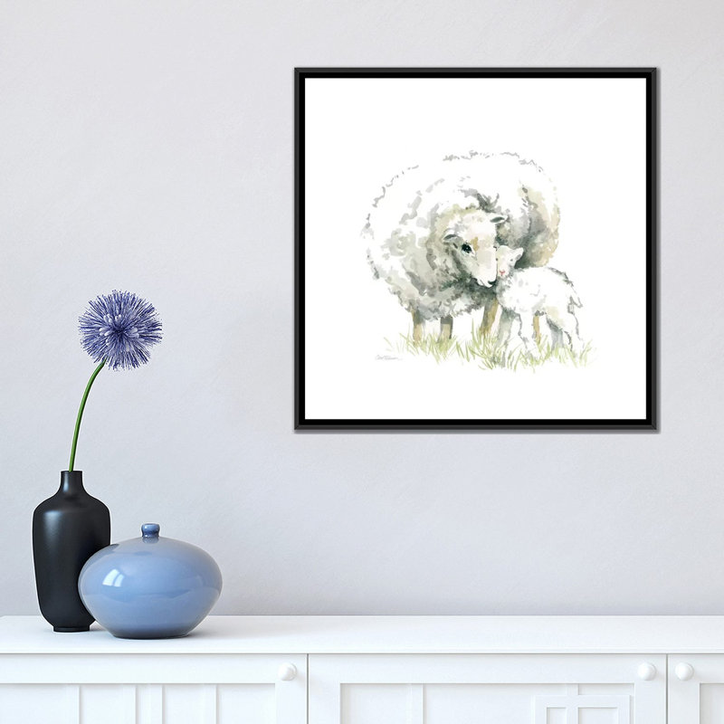 Mouton et agneau - reproduction sur toile tendue, H 18 po x l 18 po x P 1,5 po, Toile avec cadre noir, Pas de tapis