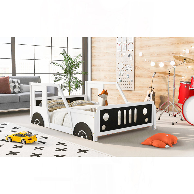 Full Size Classic Car-Shaped Platform Bed With Wheels,White