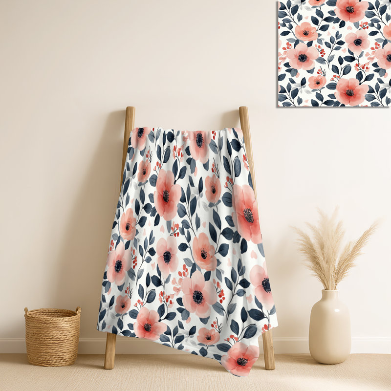 Jeté Botanical Flower Garden I - Black Floral Soft Teens, jeté en peluche moderne