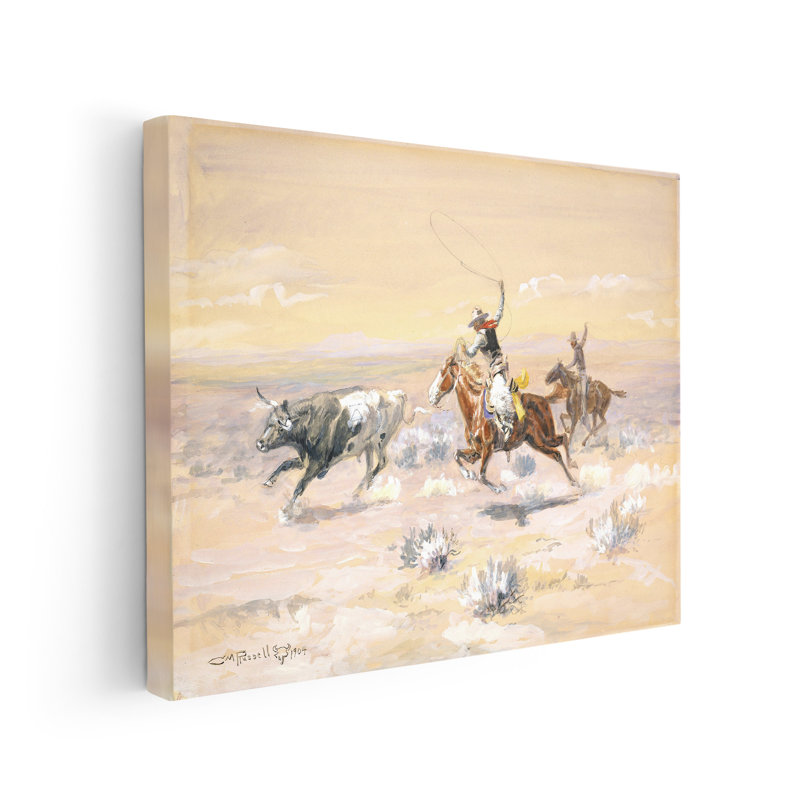 Charles Marion Russell - Cowboys from the Bar Triangle, Canvas, 16"H x 20"W, Brown Framed
