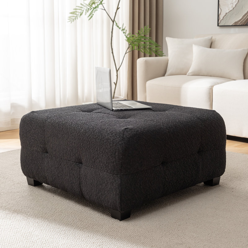 Ashyiah 32'' Wide Upholstered Tufted Ottoman, Black Boucle